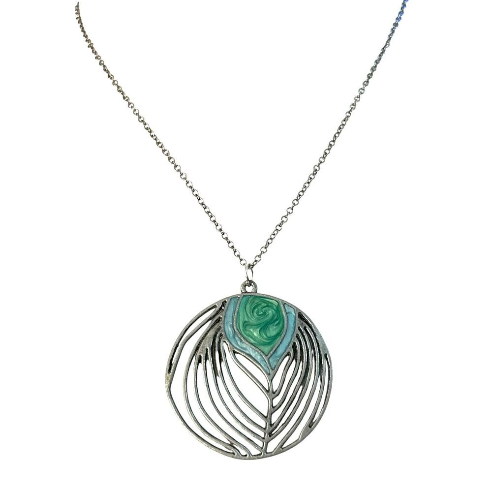 Open Work Silver Tone Abstract Round Blue Green Enamel Swirl Pendant Necklace